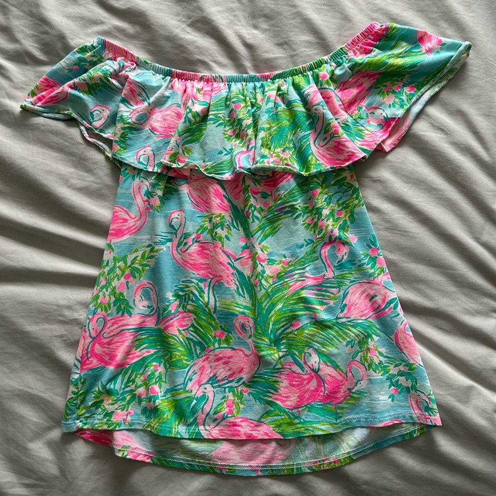 Lilly Pulitzer La Fortuna Off The Shoulder Flamingo Print Ruffle Top - Picture 9 of 9
